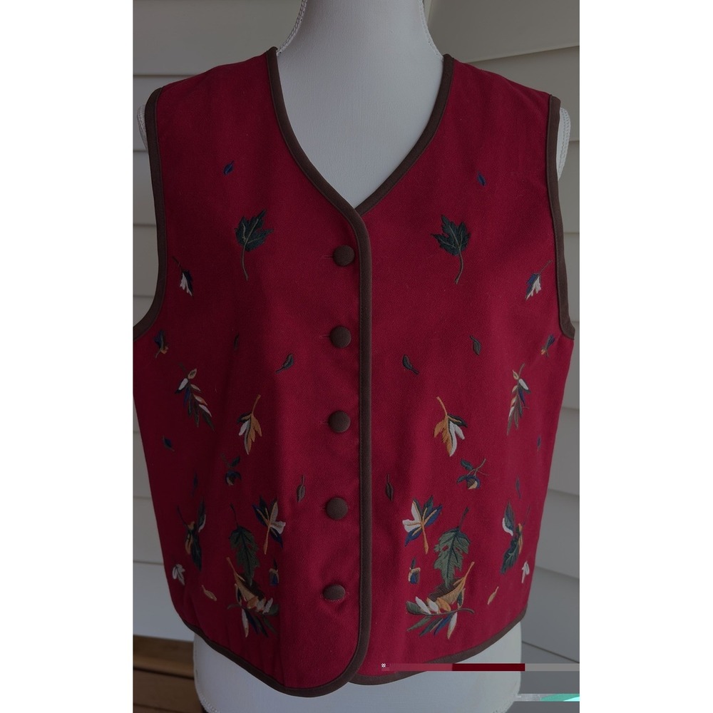 Vtg Talbots Womens M Embroidered Leaf Vest Red Fall Button School Teacher